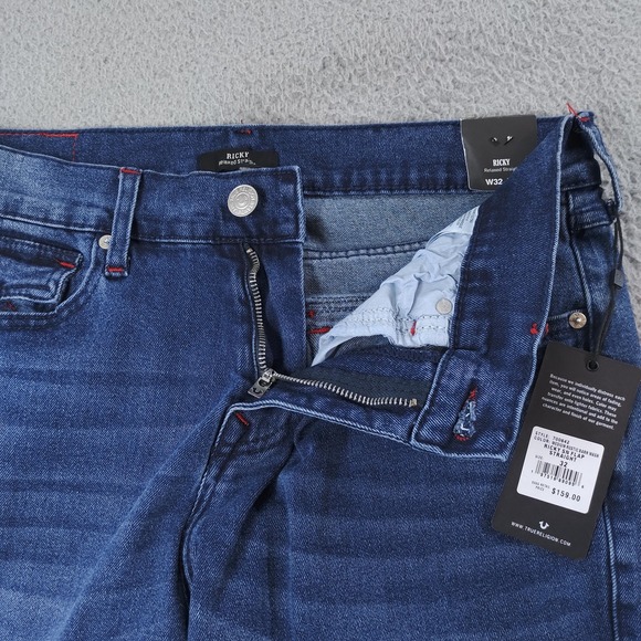 True Religion Ricky Relax Straight Jeans Mens 32x34 Blue Flap Pocket Stretch NWT - Picture 9 of 16